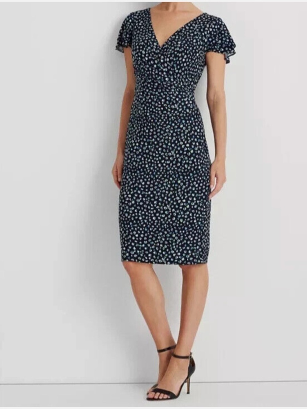 Lauren Ralph Lauren Flutter Sleeve Faux Wrap Dress Size 14W Abstract Dot Blue